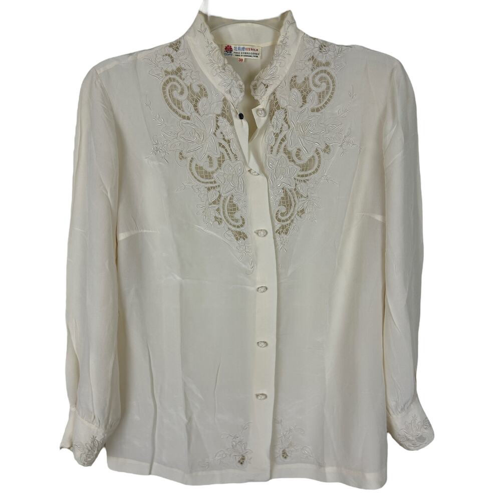 Vintage Cream 50s Embroidered Silk Button Front Blouse M